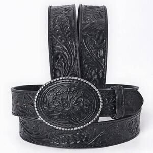 "Black Rivet" Hand-Tooled Black Floral Western Leather Belt